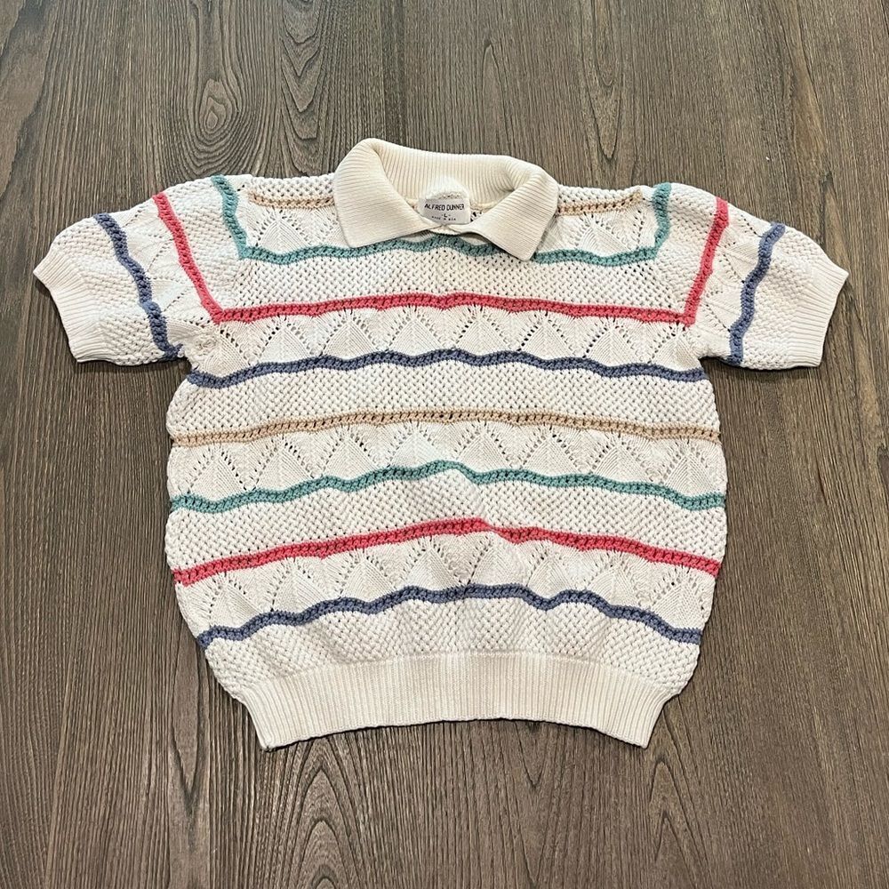 Vintage Alfred Dunner Sweater White Striped Knit Collared Short Sleeve Size L